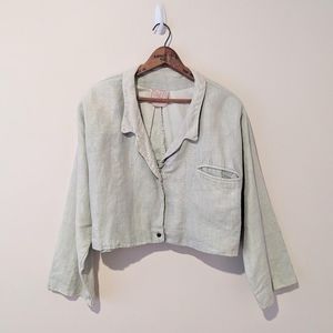 Vintage 90s J Morgan Puett Light Green Cropped Linen Button Up Chorecoat